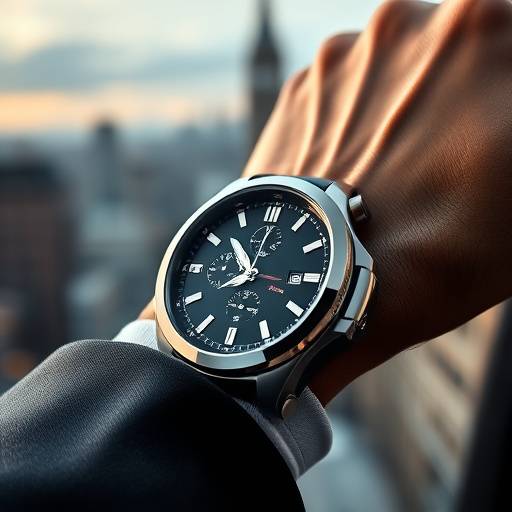 A close-up shot of a luxury wristwatch against a blurred cityscape background, emphasizing elegance and sophistication for an upscale brand advertisement.