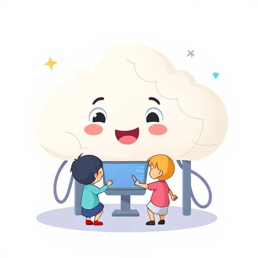 A colorful scene from an animated explainer video illustrating a simplified concept of cloud computing with friendly characters and engaging visuals.