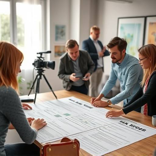 A group of people planning a video shoot, reviewing scripts and storyboards around a table.
