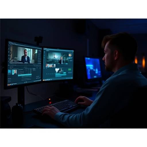 A video editor working on a project with multiple monitors displaying editing software.