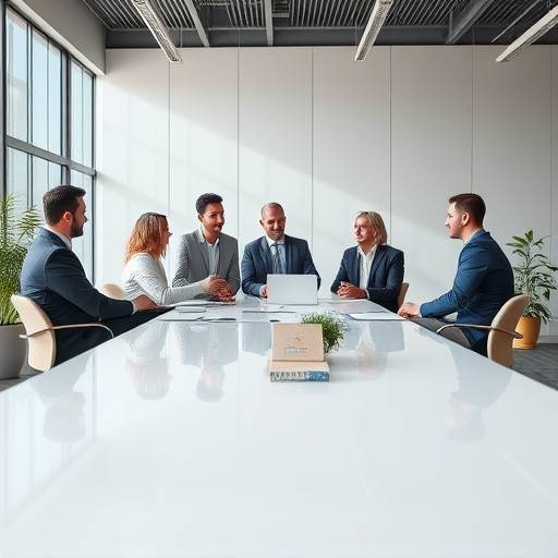 A wide shot of a corporate team discussing project strategy around a table, symbolizing teamwork and collaboration in a modern office setting.