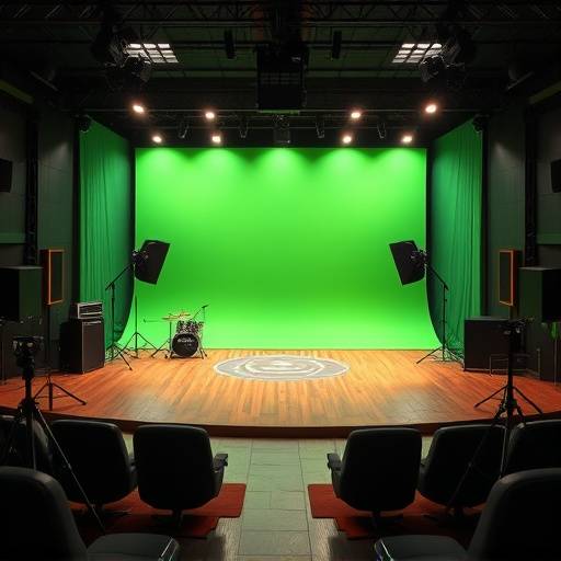 Interior of the Aurora Visuals sound stage, showcasing lighting equipment and a green screen.